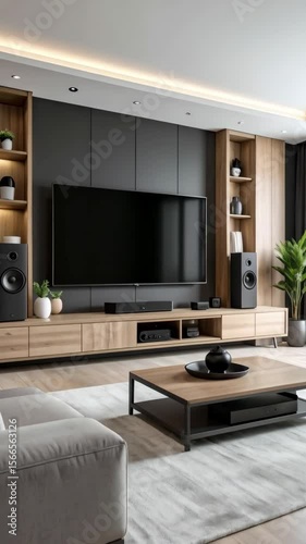 Modern living room showcasing television, wood shelving, speakers, coffee table, and minimalist interior design elements.