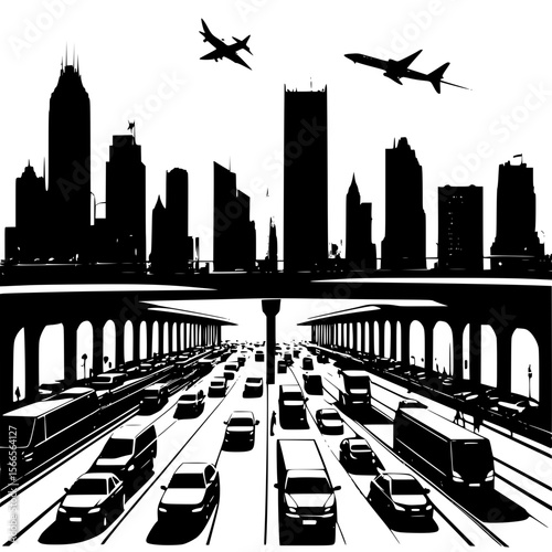 Busy metro skyline with flyovers, cars, and urban traffic