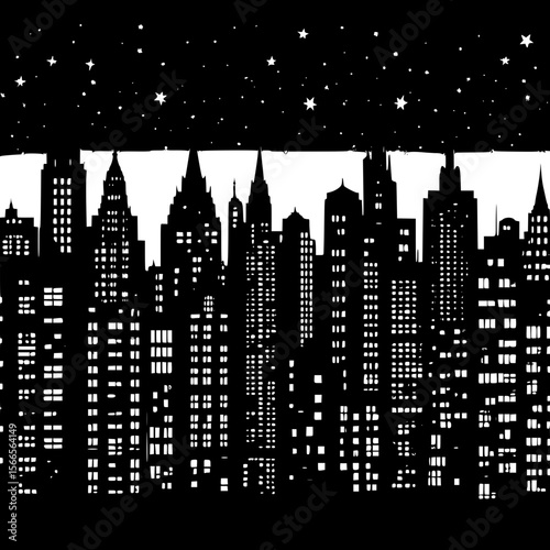 Nighttime cityscape with glowing windows and stars