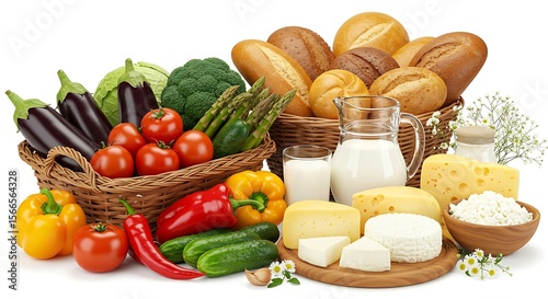 Abundant variety of fresh farm produce and dairy products displayed together