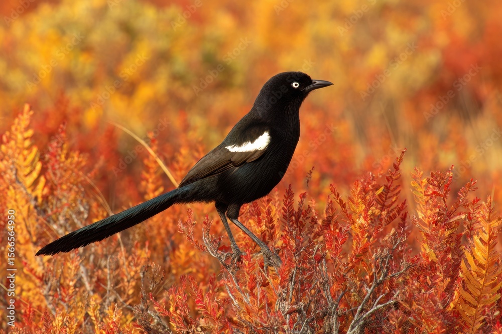 Obraz premium A solitary blackbird stands amidst a vibrant tapestry of autumn foliage, its gaze piercing through the warm hues