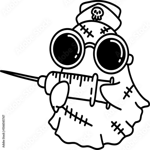 Hand drawn halloween nurse groovy ghost with syringe outline doodle illustration
