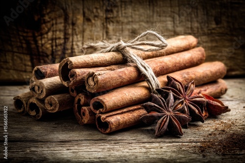 Fototapeta Naklejka Na Ścianę i Meble -  A rustic still life of cinnamon sticks and star anise, tied together with a twine, evoking warmth and spice