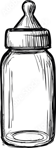 Black and white sketch of a baby bottle with a nipple top
