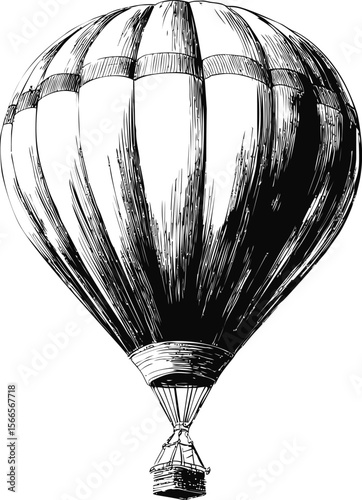 Illustration of vintage hot air balloon in monochrome sketch style