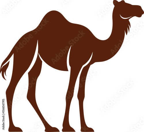 Silhouette of a brown camel with single hump standing in profile view