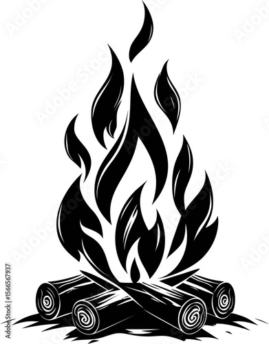 Stylized black and white campfire with flames and logs illustration