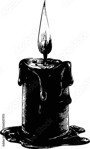 Vintage black and white illustration of a melting candle with a tall flame
