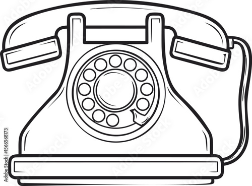 Vintage rotary phone in black and white illustration, classic communication symbol