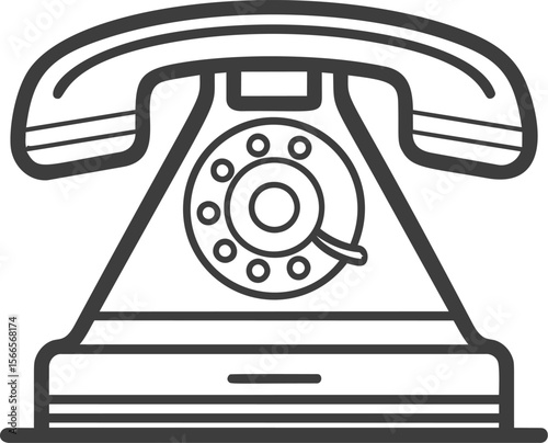 Vintage black rotary dial telephone line art illustration on white