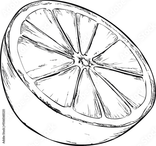Detailed black and white illustration of a sliced lemon half with cross section