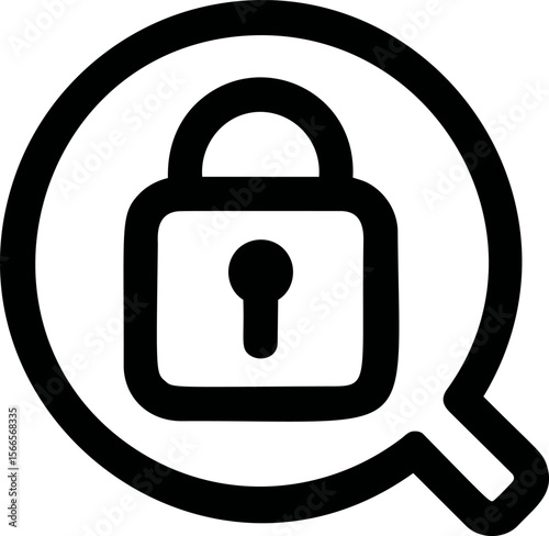 Magnifying glass inspecting a padlock symbol in black and white icon