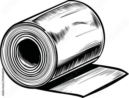 Toilet paper roll in black and white illustration with detailed shading