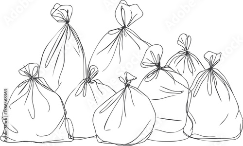 Illustration of seven tied garbage bags outlined in black and white