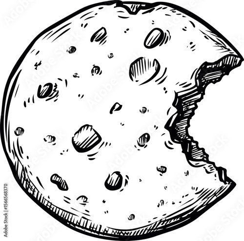 Black and white drawing of a bitten cookie with chocolate chips illustration