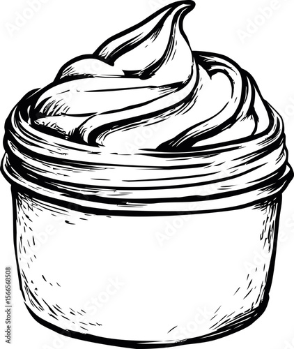Black and white illustration of a whipped cream swirl in a cup