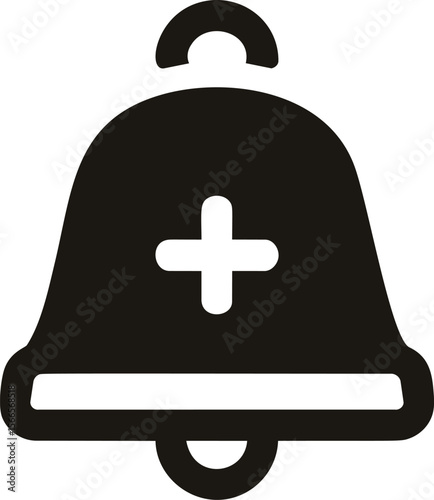 Black emergency bell icon with medical cross symbol