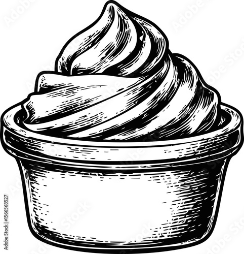 Black and white illustration of soft serve ice cream in a cup, vintage style