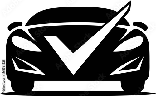 Silhouette of a sports car with a check mark in black and white graphic design