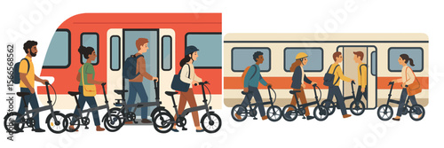 People with bicycles boarding a train during a bustling weekday commute in an urban setting