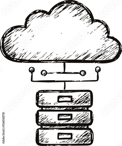 Black and white sketch of cloud computing with servers and connectivity