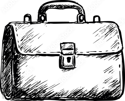 Hand-drawn sketch illustration of a classic leather briefcase in black and white