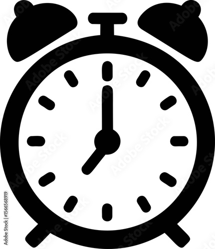Black silhouette of a vintage alarm clock with bells ringing at 7 o'clock