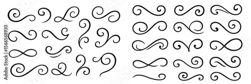 Decorative swirls and flourishes for design and artistic projects featuring various styles and shapes in black color