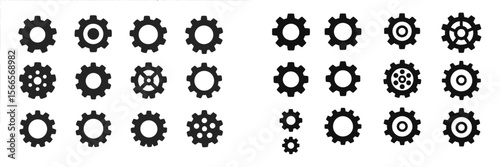 Black gear icons arranged in a grid showcasing various designs and sizes for mechanical or graphical representation
