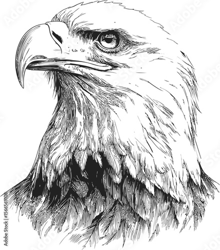 Detailed black and white sketch of eagle head with intense gaze illustration