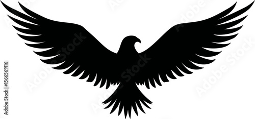 Silhouette of an eagle in flight with wings spread wide in black
