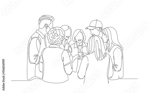 A continuous single-line drawing captures a group of friends or colleagues socializing and conversing in a circle.