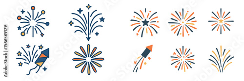 Colorful fireworks illustrations showcasing different styles and designs for festive celebrations and events