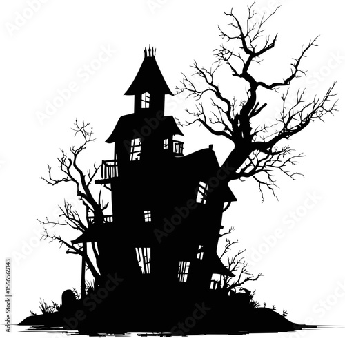 Silhouette of a haunted house with twisted trees and eerie atmosphere