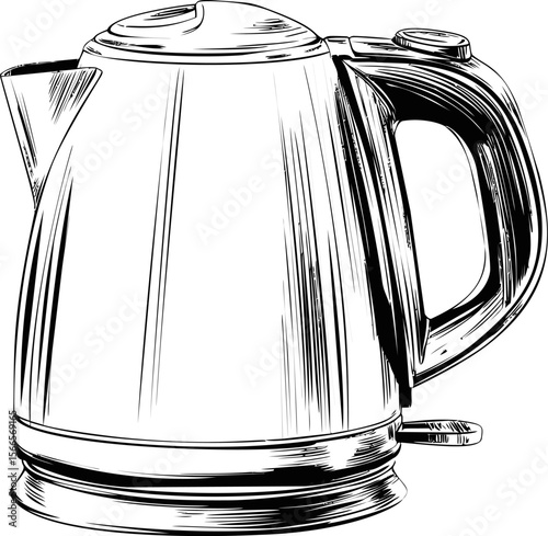 Black and white drawing of an electric kettle with detailed lines