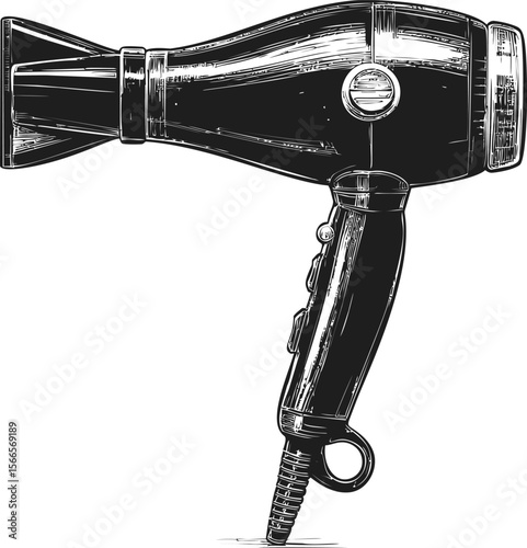 Vintage illustration of a hair dryer sketched in black and white, retro style art