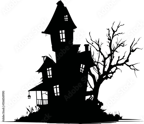 Haunted house silhouette with barren tree against, spooky clipart