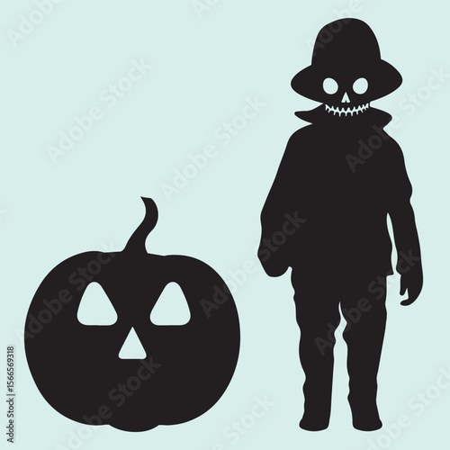 Human Skeleton with Pumpkin Head Silhouette Creepy Halloween Scene