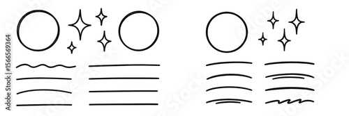 Unique hand-drawn doodles of circles, lines, and sparkles on a white background showcasing creative artistic expressions
