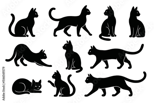 Various silhouette representations of cats in different poses arranged artistically