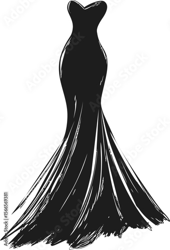 Elegant black gown illustration with flowing silhouette, fashion design concept