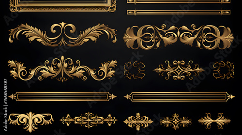 Set of ornate gold decorative borders and elements