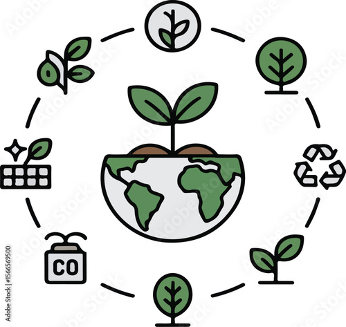 Circular ecology concept with plant growing from globe illustration