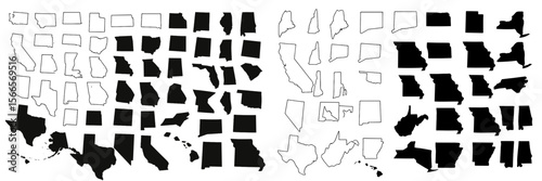 Map outline of United States states in black and white displaying contrasting designs for geography enthusiasts and educators