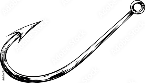 Detailed black and white illustration of a fishing hook in close-up view