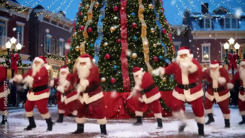 Festive group of santa clauses dancing joyfully in front of a decorated christmas tree on a snowy town square. concept of holiday celebration, christmas spirit, winter festival