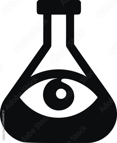 Black laboratory flask with an eye symbol in minimalist style monochrome design