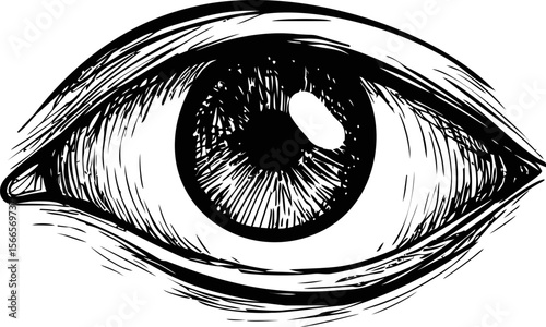 Black and white sketch of a detailed human eye in ink style illustration