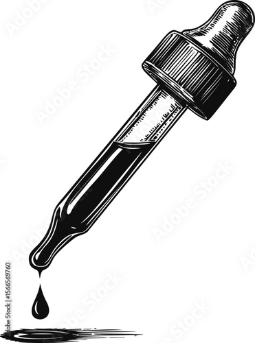 Black and white illustration of dropper with liquid drop and shadow