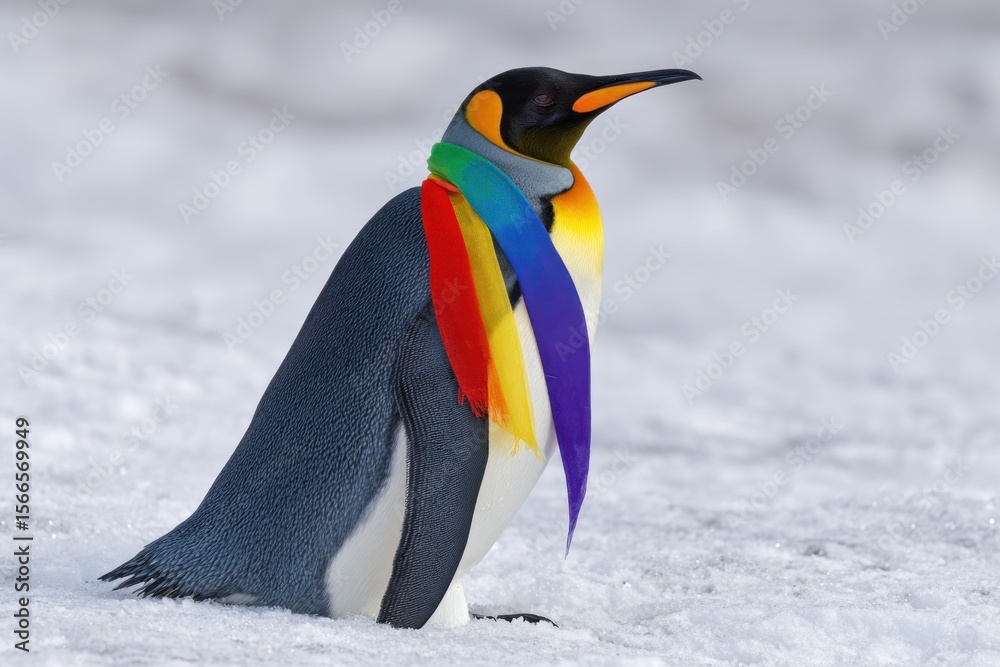 Fototapeta premium A penguin adorned with a colorful scarf stands out against the pristine snow, embodying the spirit of resilience and joy in the face of harsh conditions